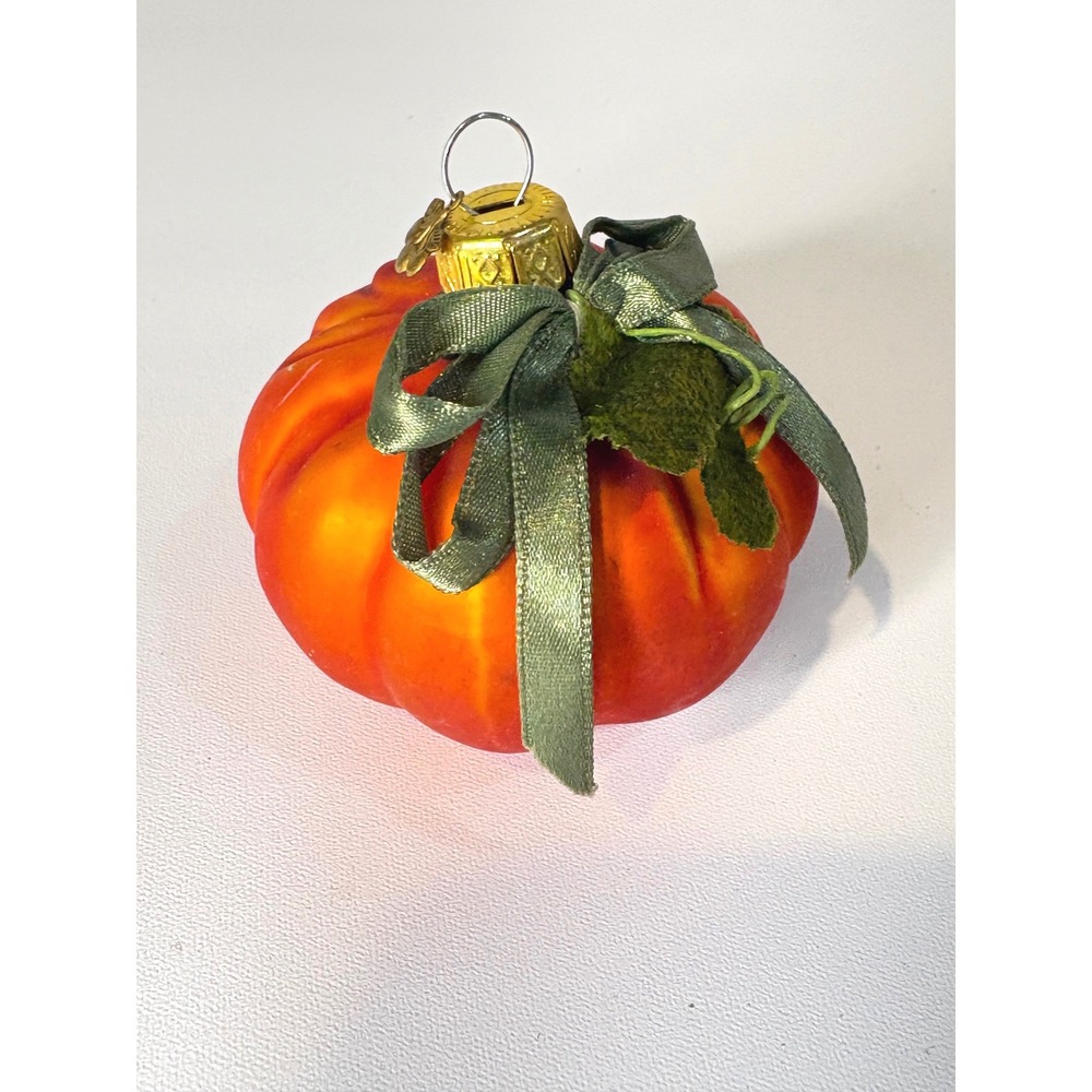 Orange Glass Pumpkin Ornament Harvest Autumn Fall Decor with Green Ribbon Bow